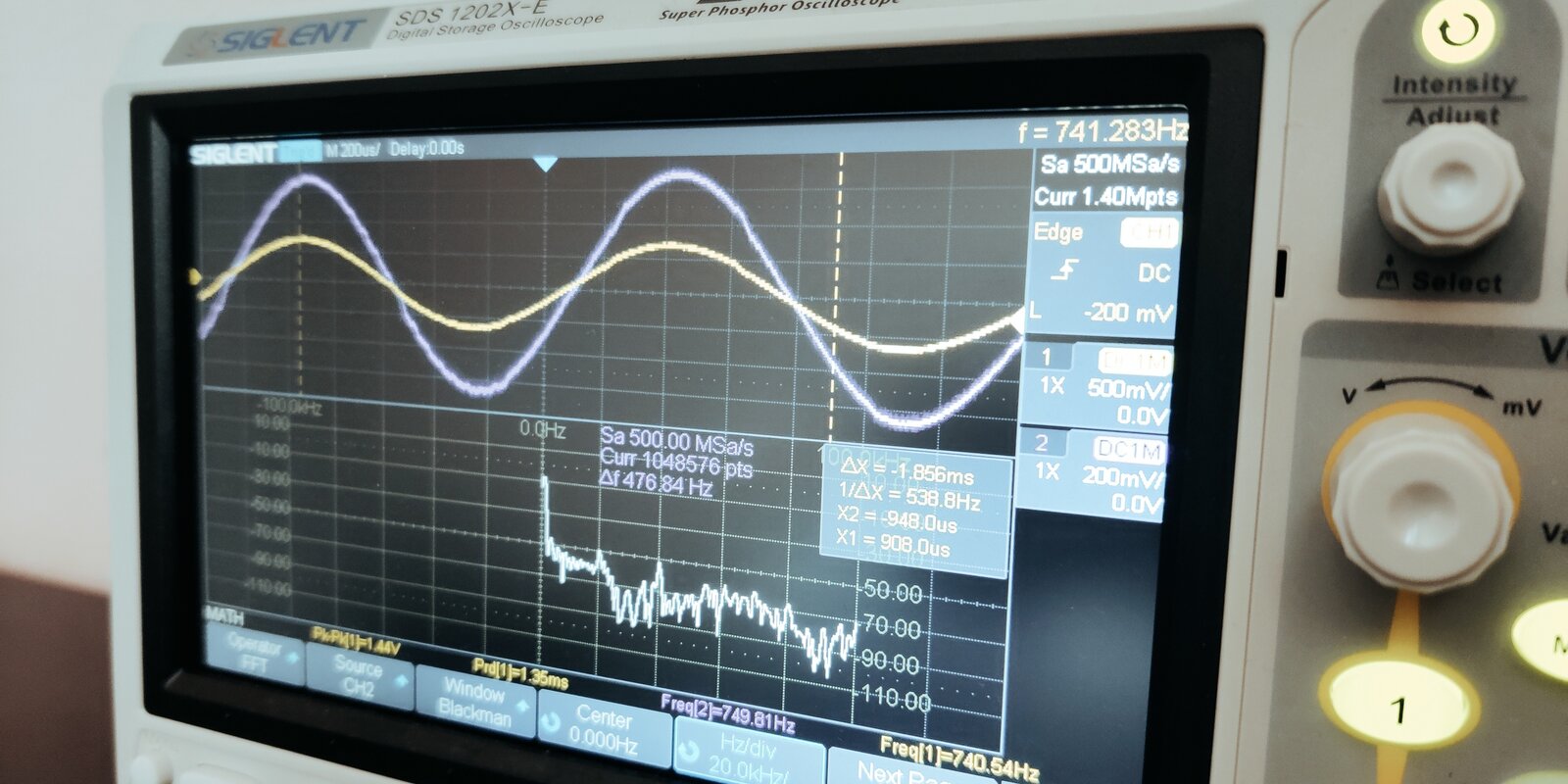 Synthesized sine waveform output displayed on an oscilloscope